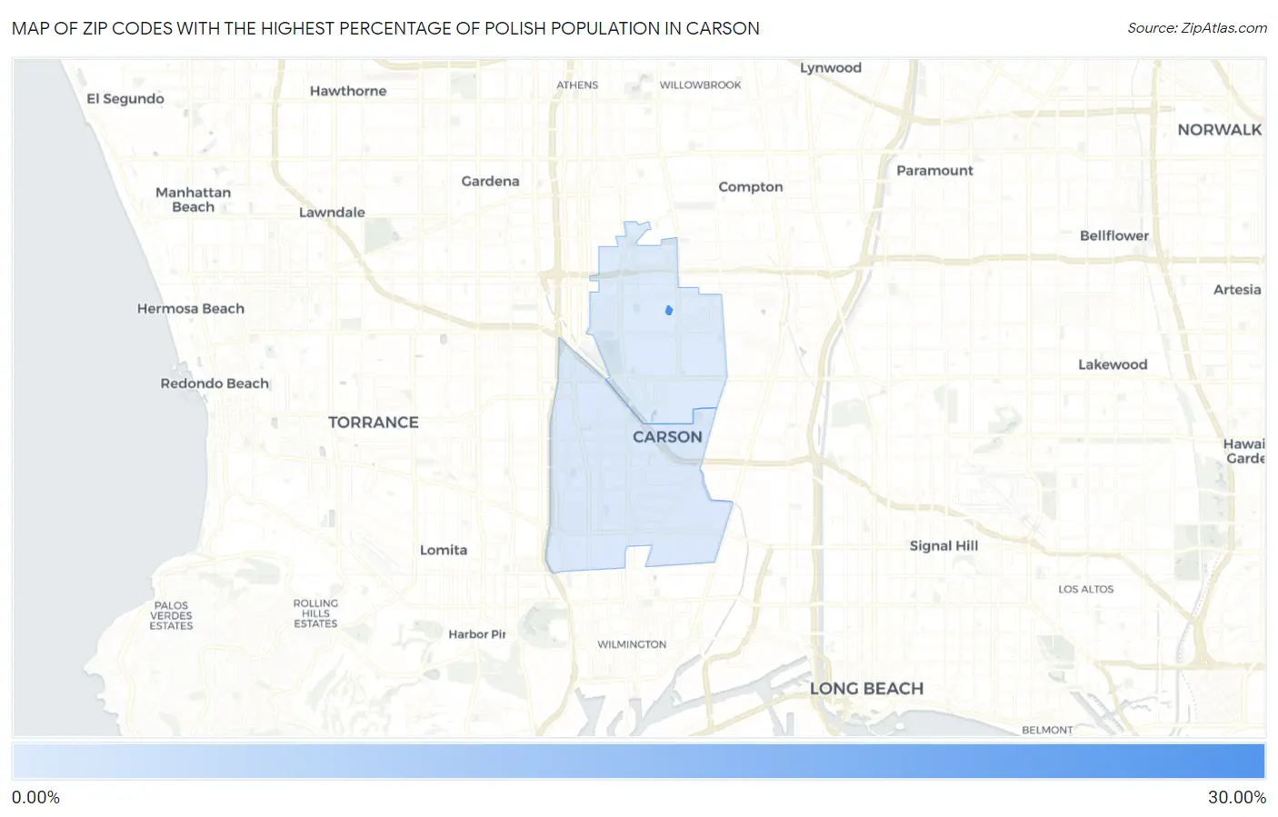Zip Codes with the Highest Percentage of Polish Population in Carson Map