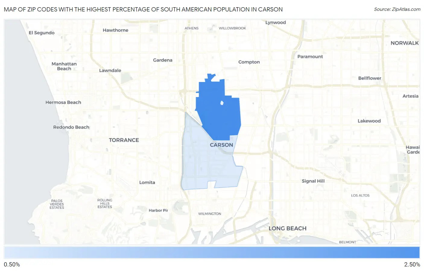 Zip Codes with the Highest Percentage of South American Population in Carson Map