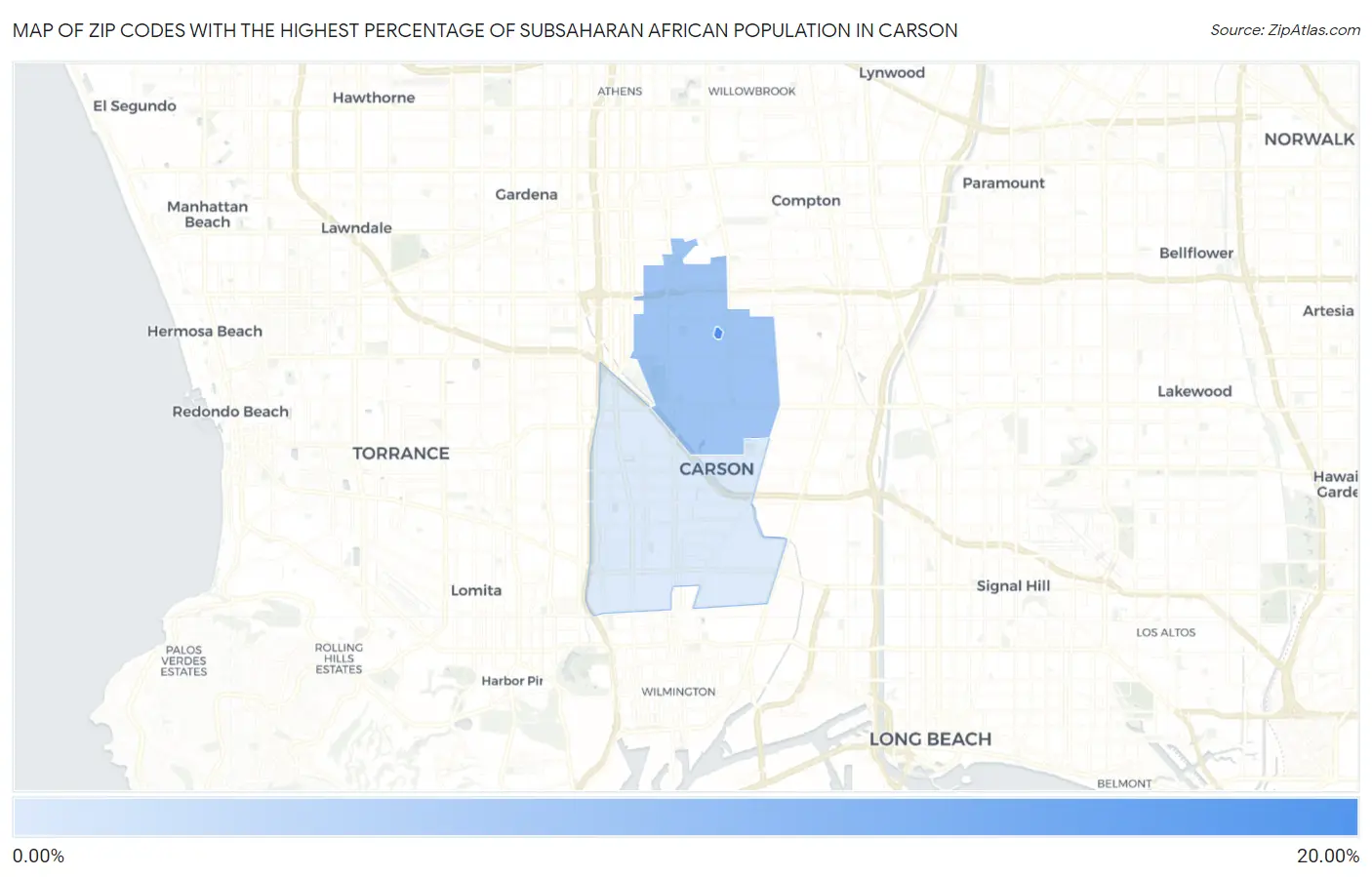Zip Codes with the Highest Percentage of Subsaharan African Population in Carson Map