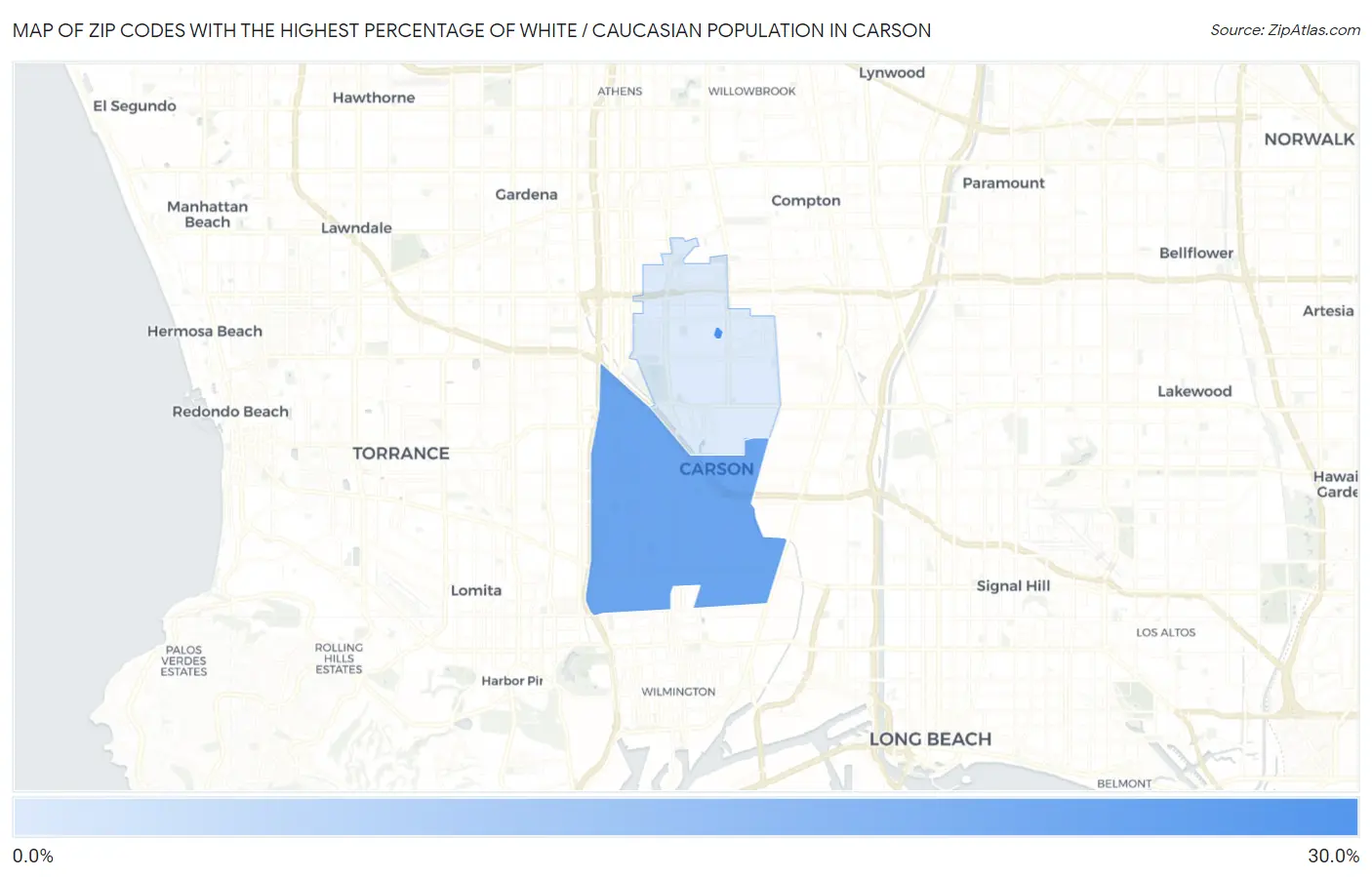 Zip Codes with the Highest Percentage of White / Caucasian Population in Carson Map