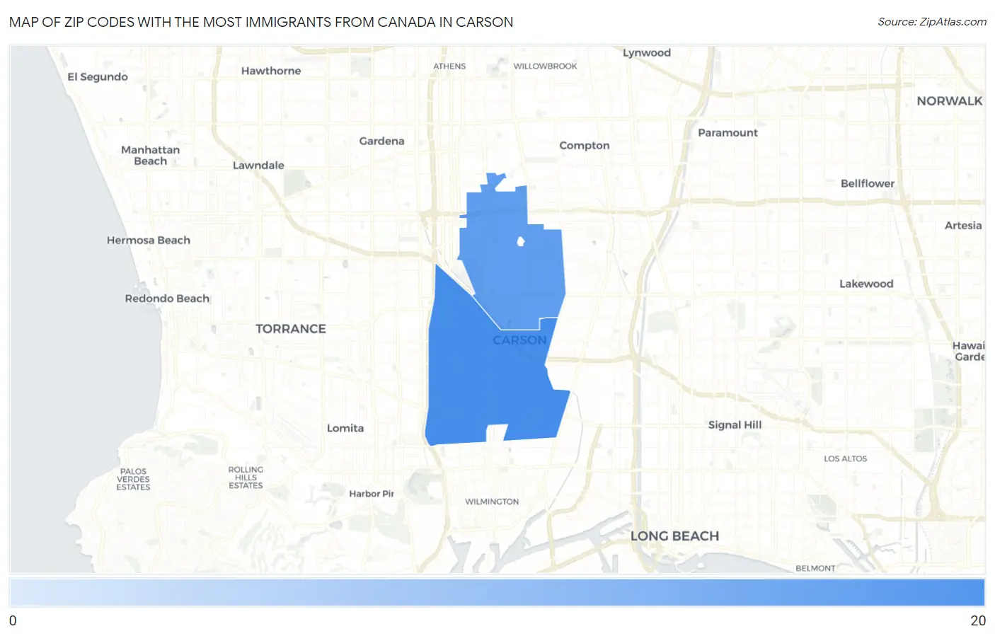 Zip Codes with the Most Immigrants from Canada in Carson Map