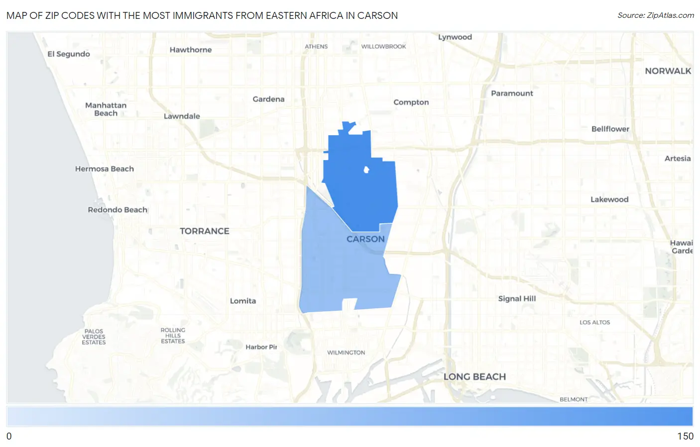 Zip Codes with the Most Immigrants from Eastern Africa in Carson Map