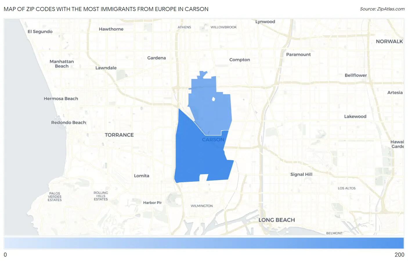 Zip Codes with the Most Immigrants from Europe in Carson Map