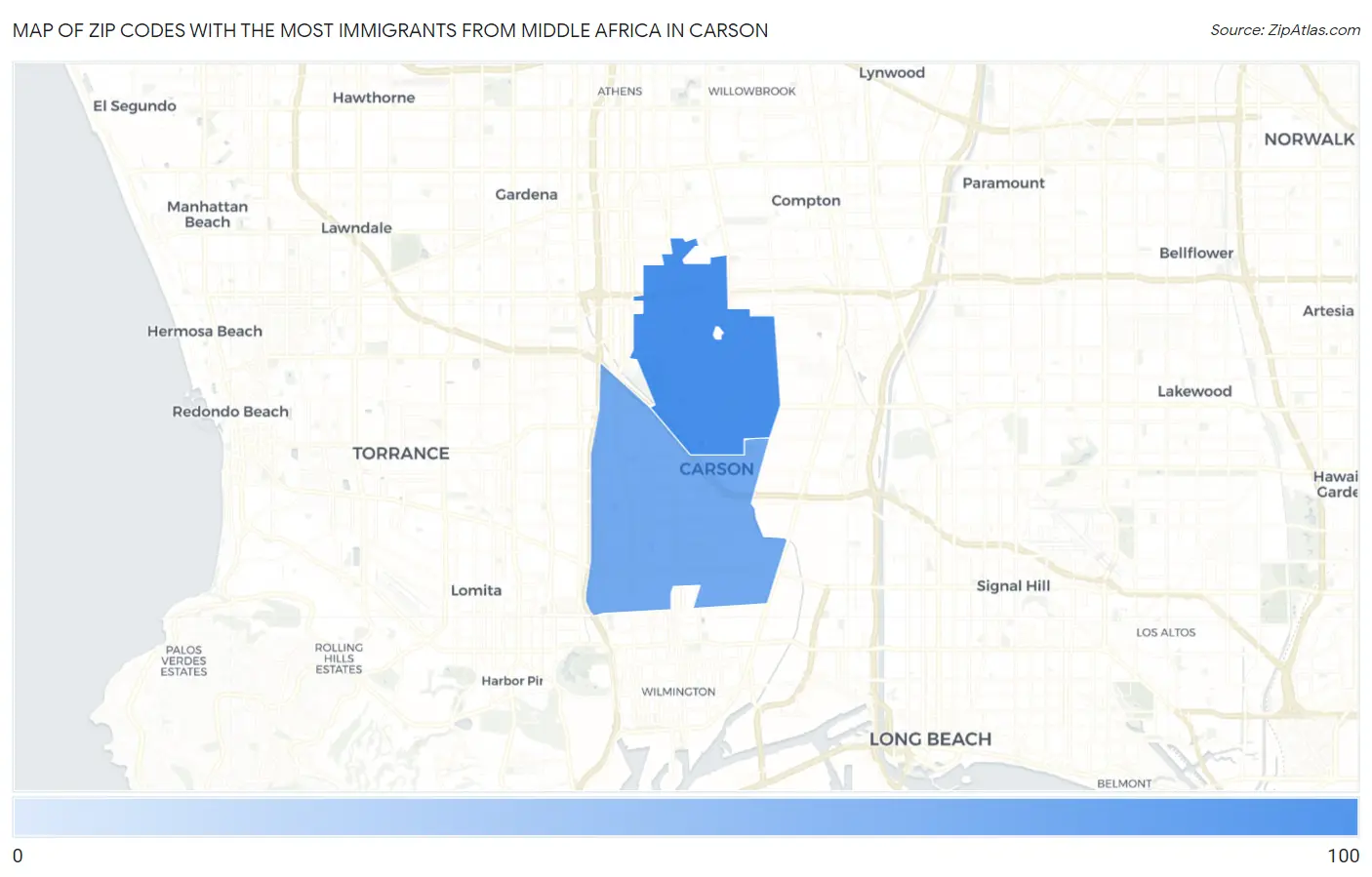 Zip Codes with the Most Immigrants from Middle Africa in Carson Map