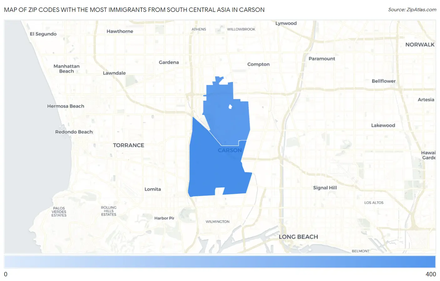 Zip Codes with the Most Immigrants from South Central Asia in Carson Map