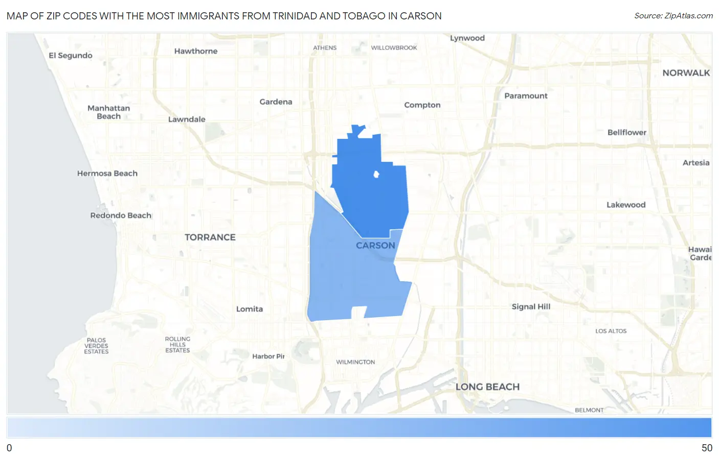 Zip Codes with the Most Immigrants from Trinidad and Tobago in Carson Map