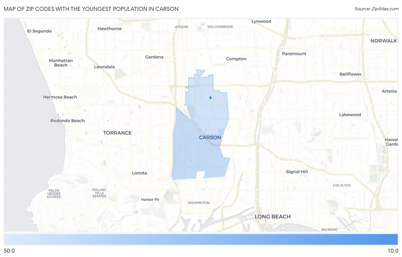 Zip Codes with the Youngest Population in Carson Map