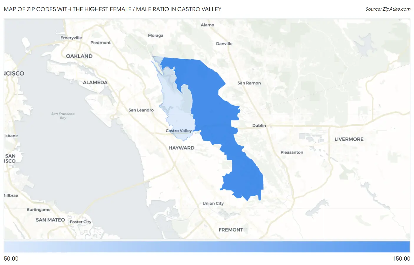 Zip Codes with the Highest Female / Male Ratio in Castro Valley Map