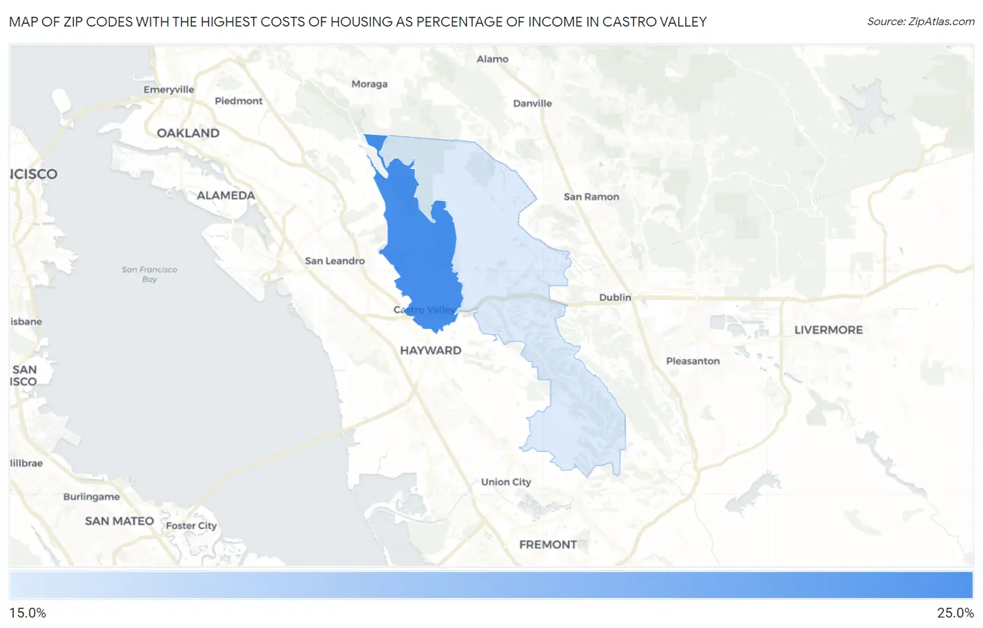 Zip Codes with the Highest Costs of Housing as Percentage of Income in Castro Valley Map
