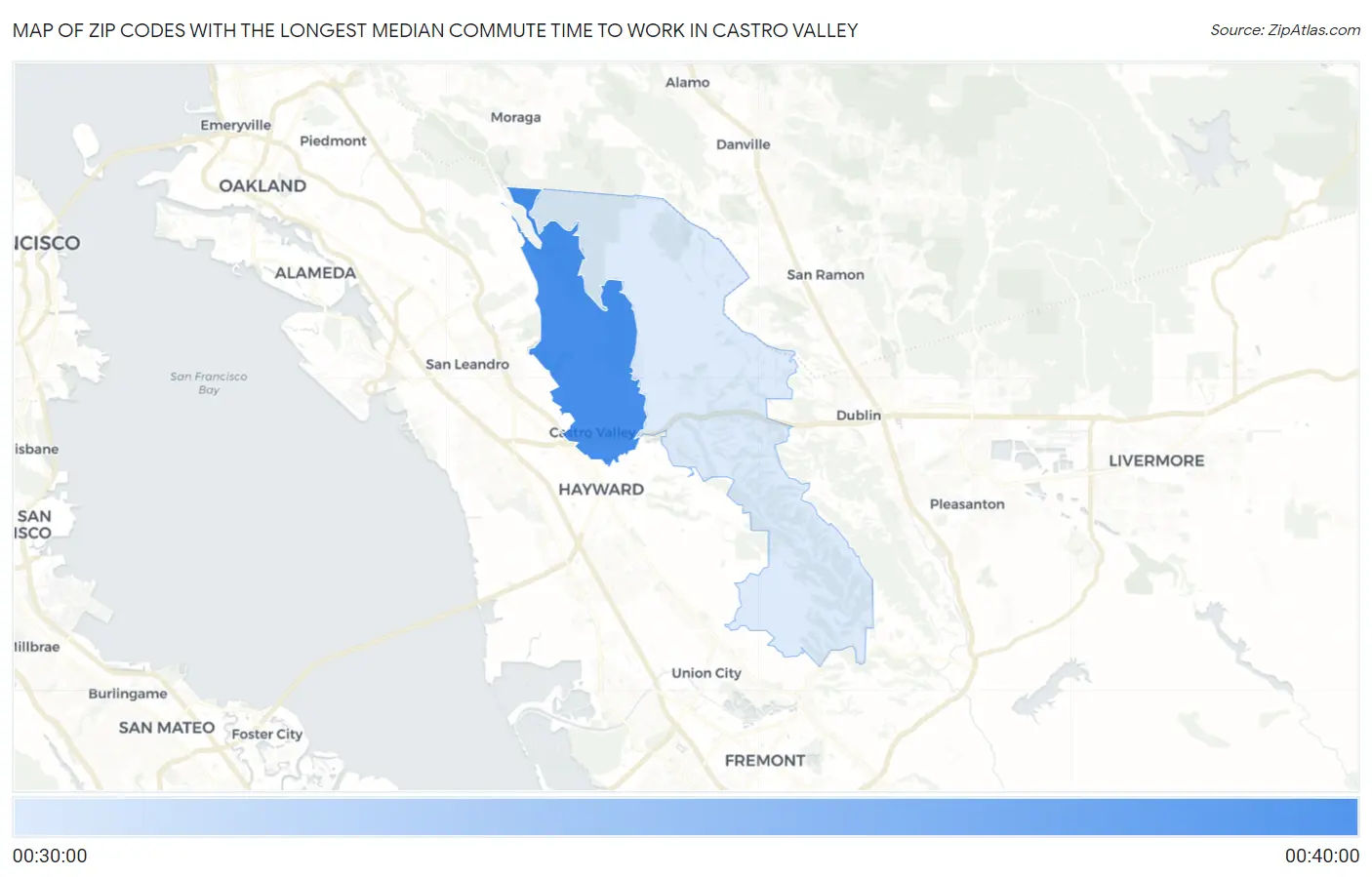 Zip Codes with the Longest Median Commute Time to Work in Castro Valley Map
