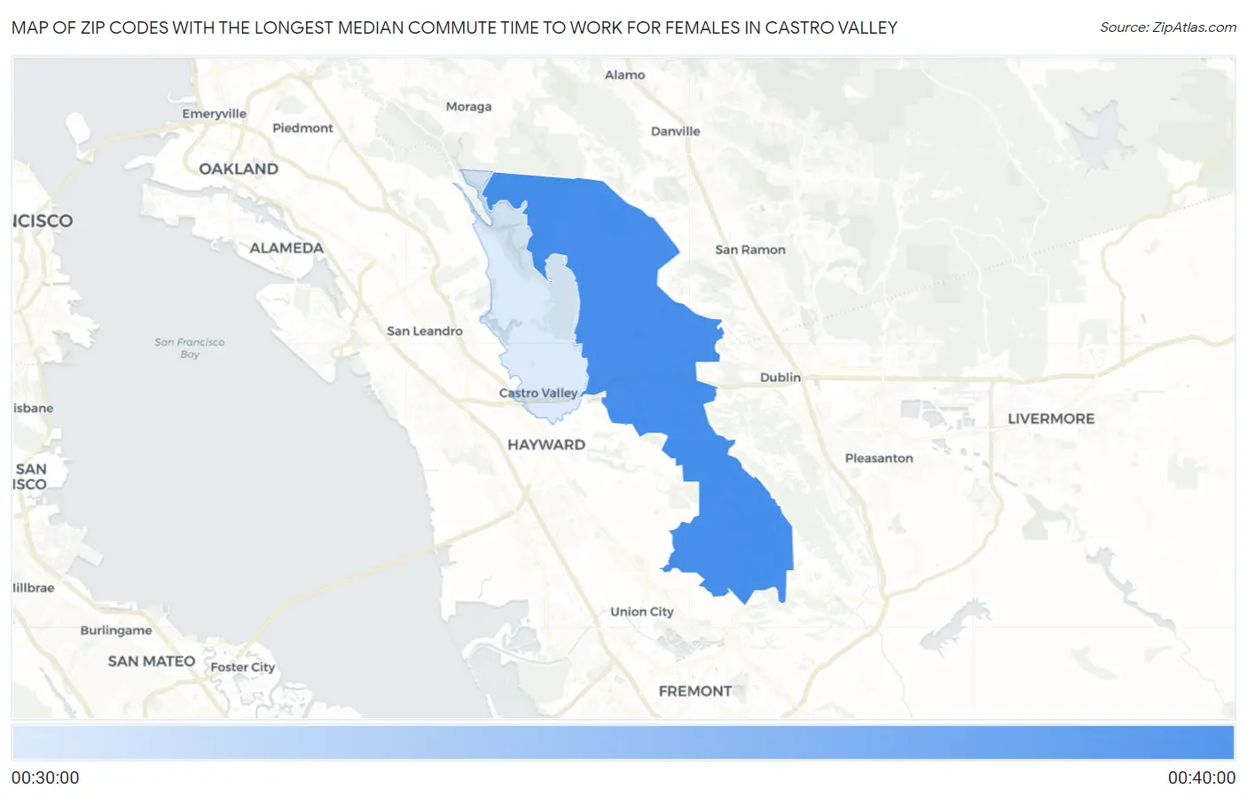 Zip Codes with the Longest Median Commute Time to Work for Females in Castro Valley Map