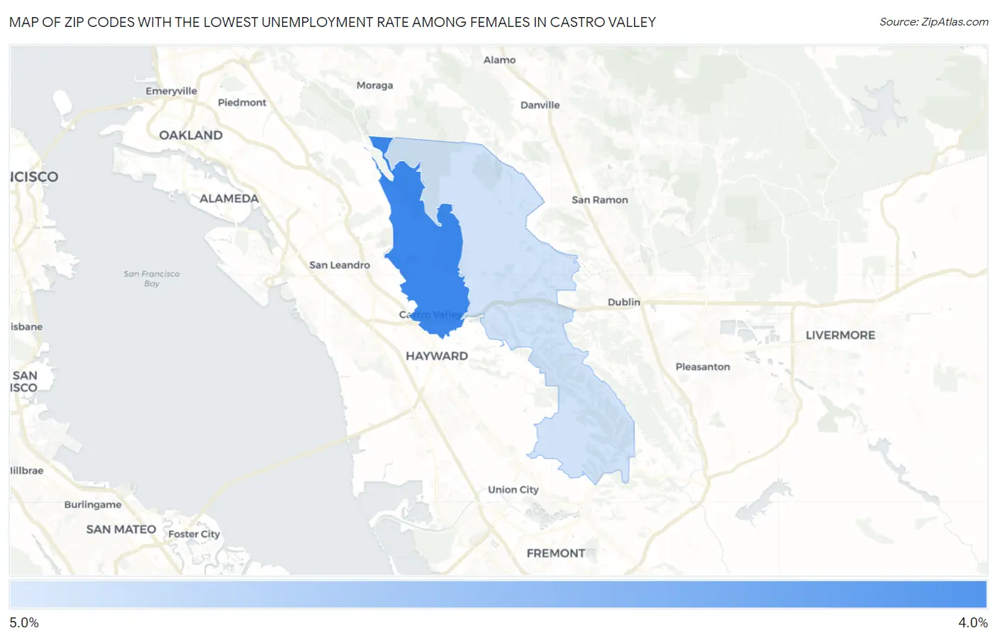 Zip Codes with the Lowest Unemployment Rate Among Females in Castro Valley Map