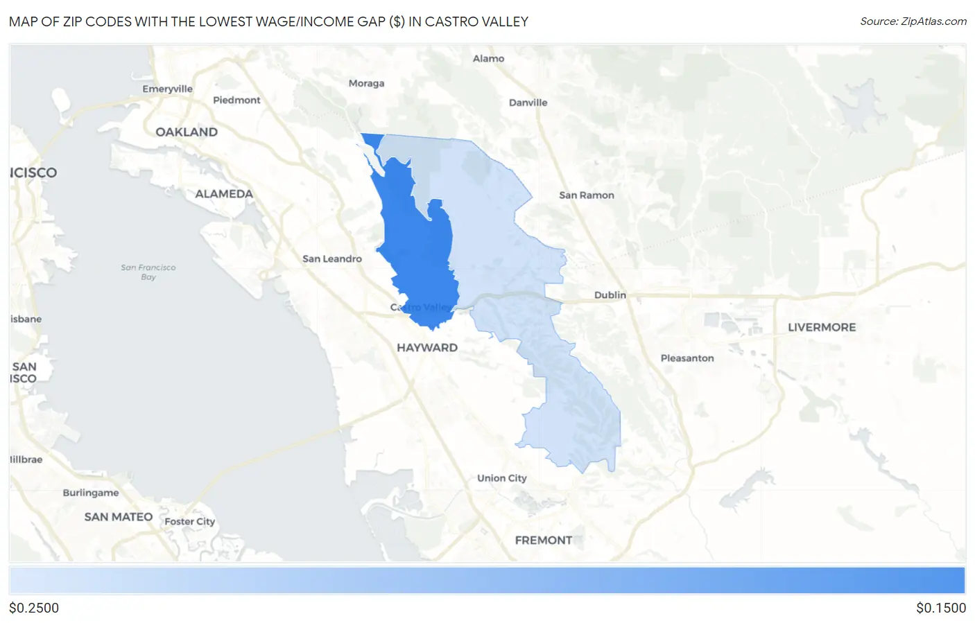 Zip Codes with the Lowest Wage/Income Gap ($) in Castro Valley Map