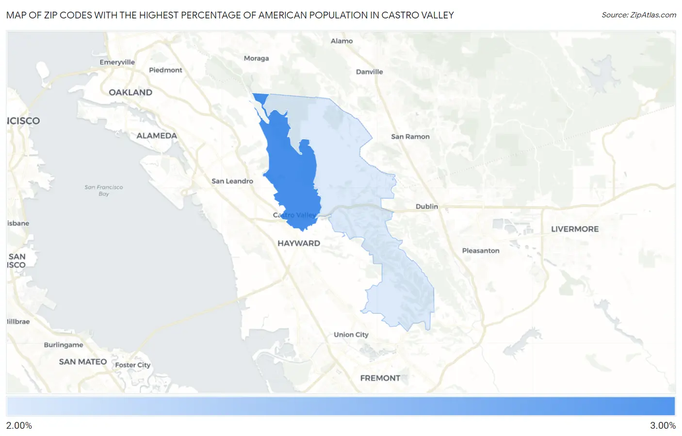 Zip Codes with the Highest Percentage of American Population in Castro Valley Map