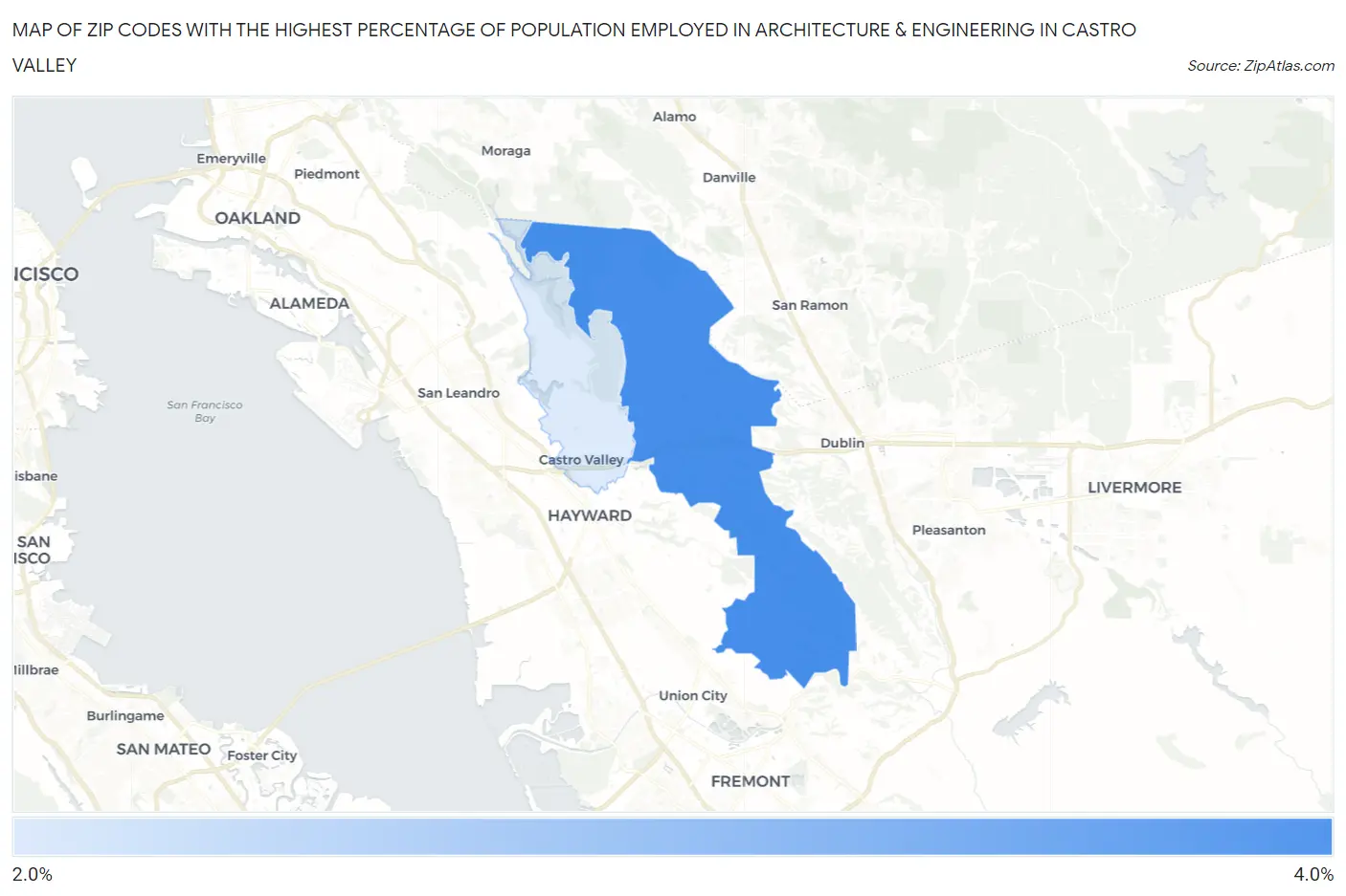 Zip Codes with the Highest Percentage of Population Employed in Architecture & Engineering in Castro Valley Map