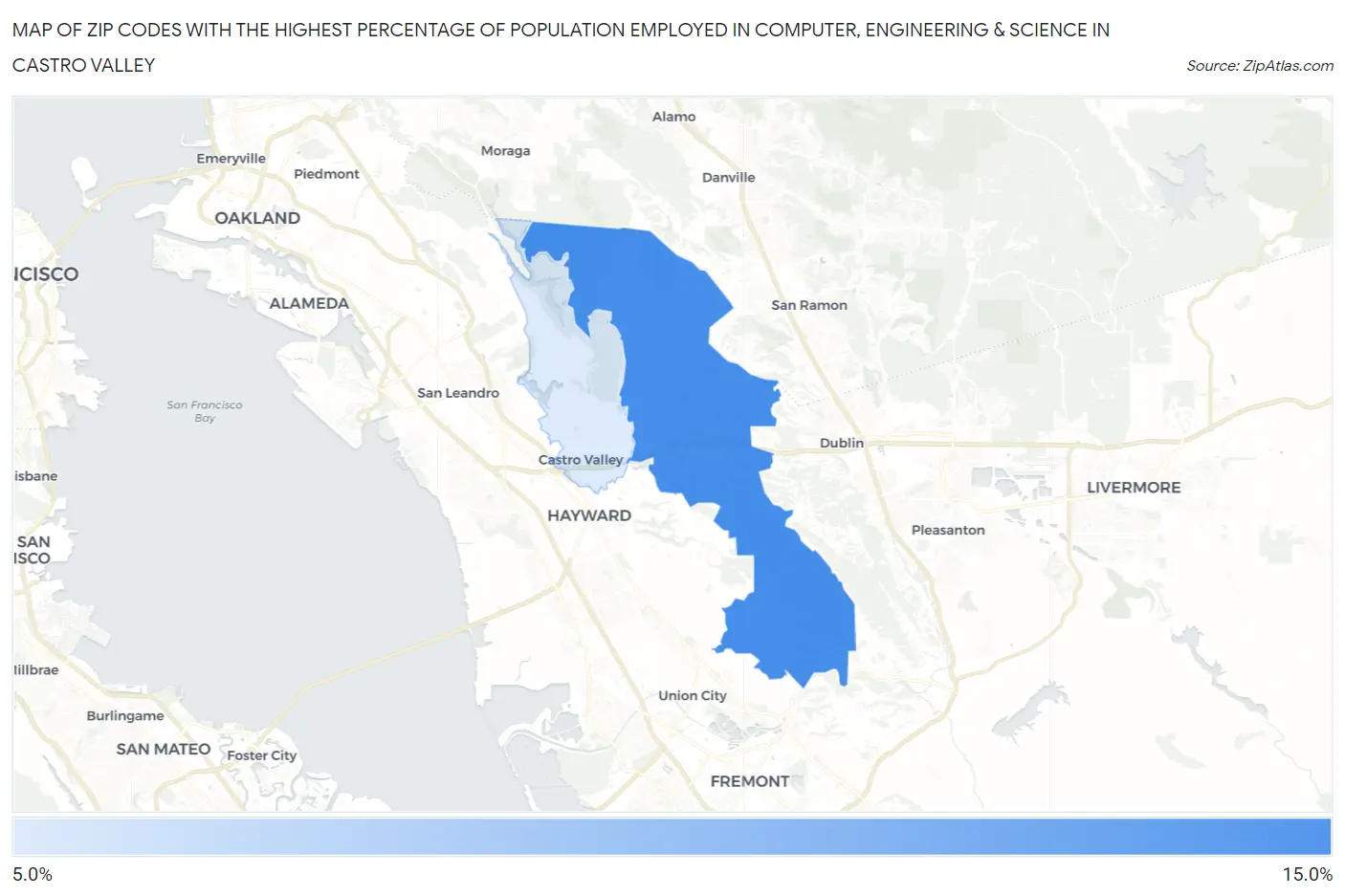 Zip Codes with the Highest Percentage of Population Employed in Computer, Engineering & Science in Castro Valley Map