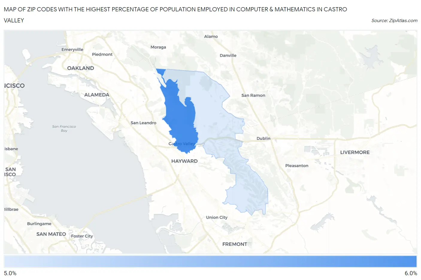 Zip Codes with the Highest Percentage of Population Employed in Computer & Mathematics in Castro Valley Map