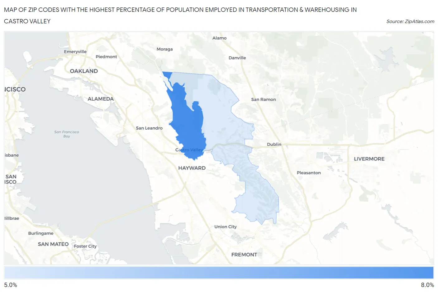 Zip Codes with the Highest Percentage of Population Employed in Transportation & Warehousing in Castro Valley Map