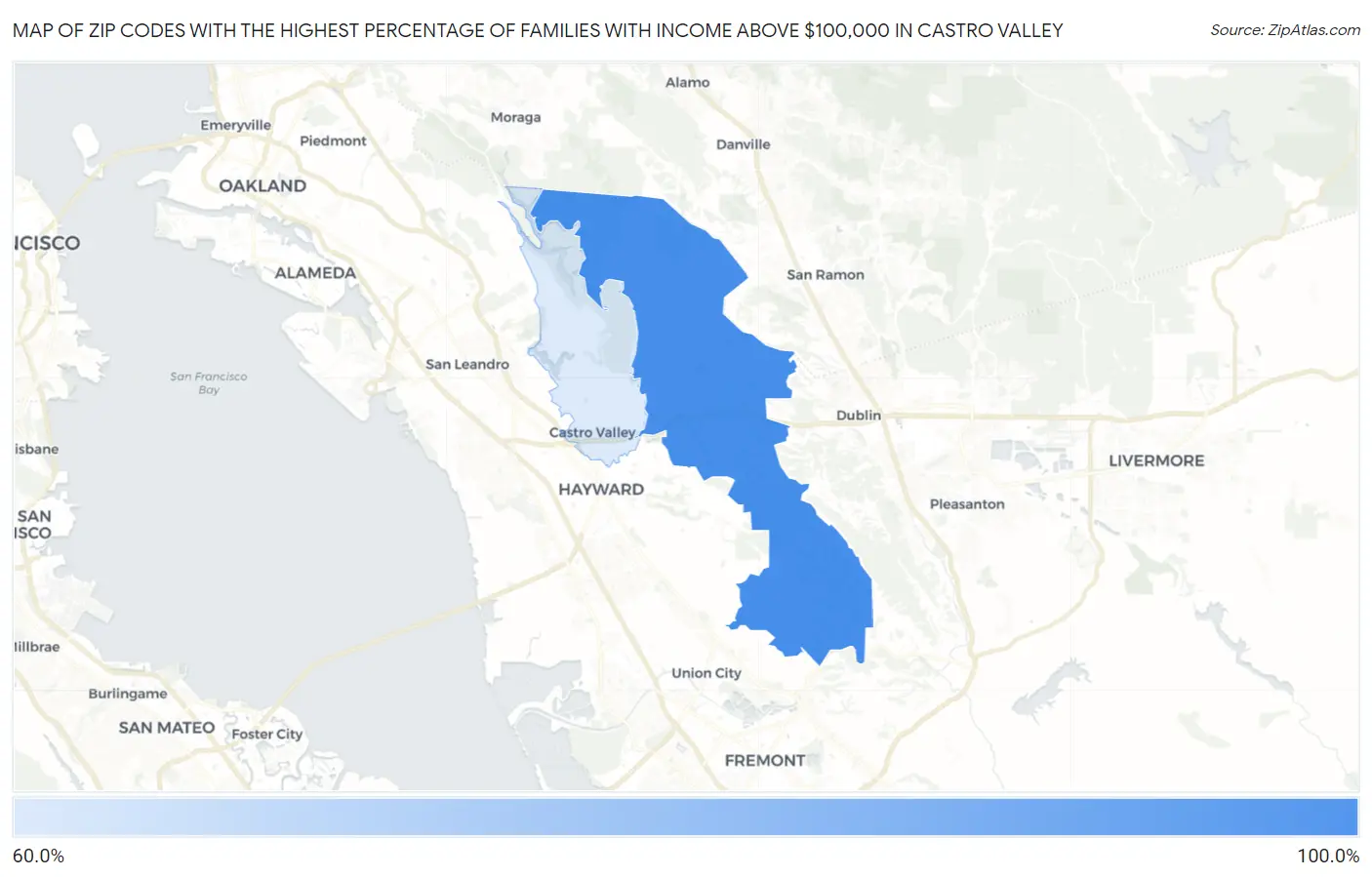 Zip Codes with the Highest Percentage of Families with Income Above $100,000 in Castro Valley Map