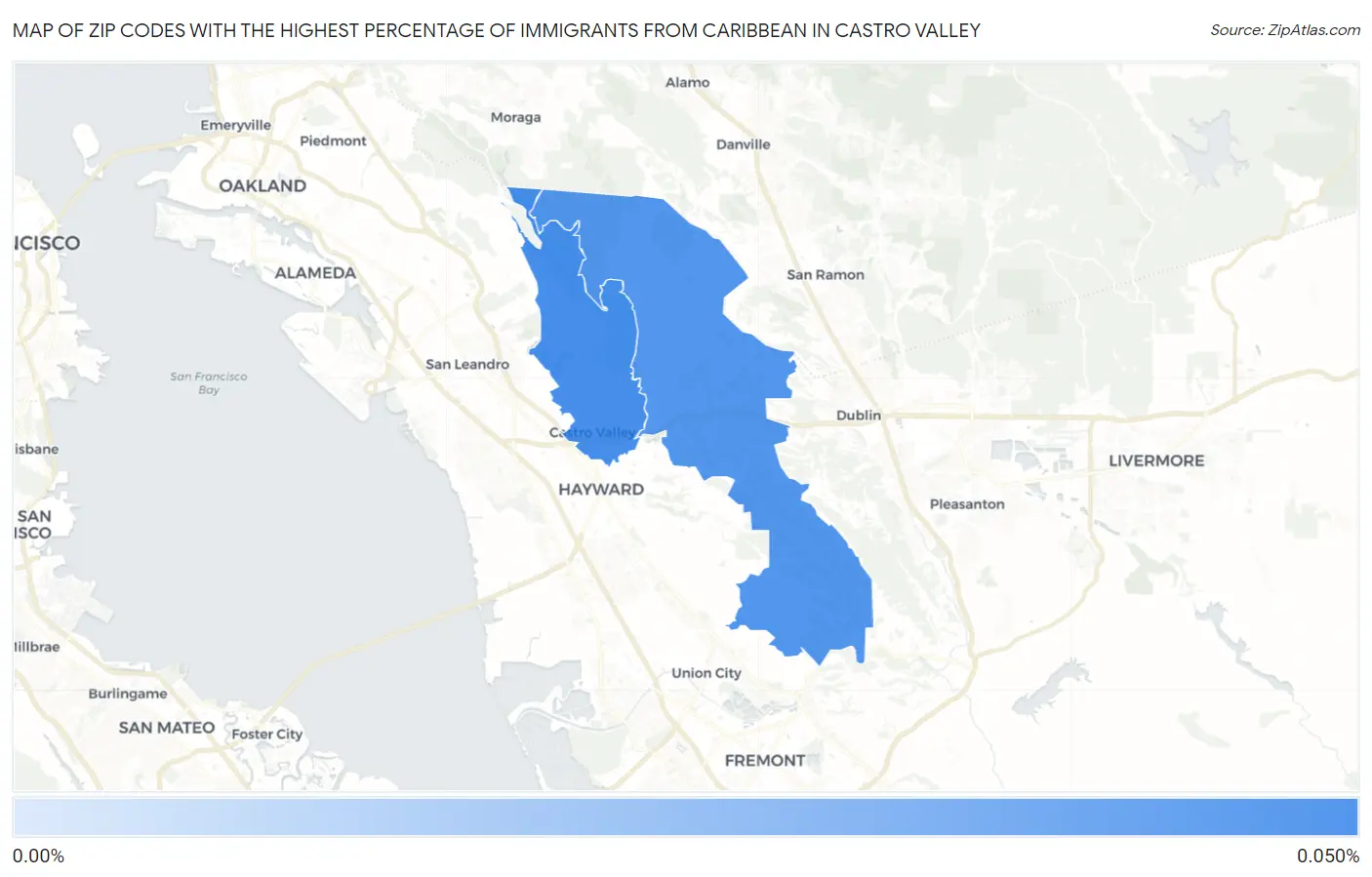 Zip Codes with the Highest Percentage of Immigrants from Caribbean in Castro Valley Map