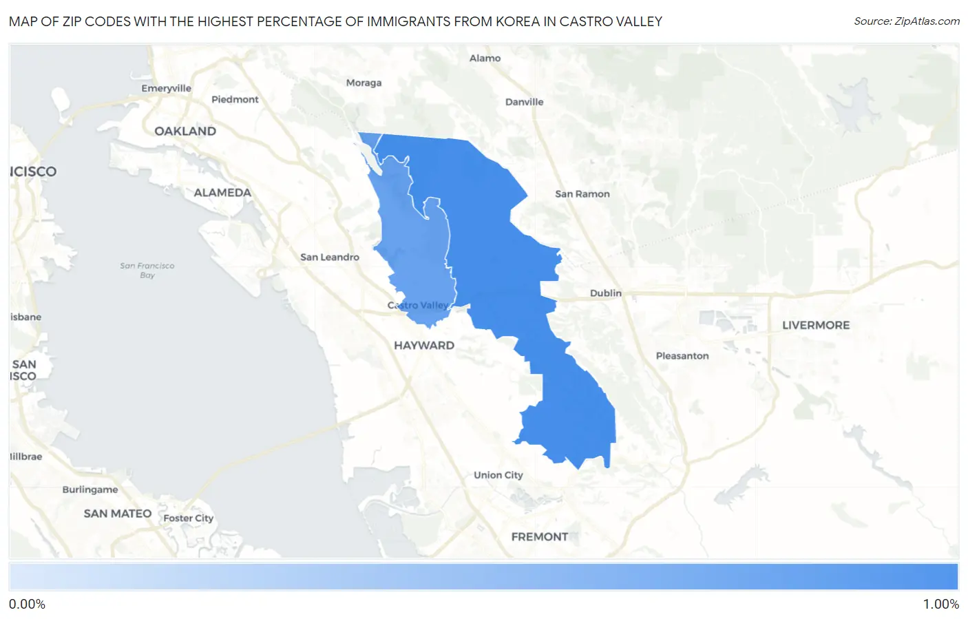 Zip Codes with the Highest Percentage of Immigrants from Korea in Castro Valley Map