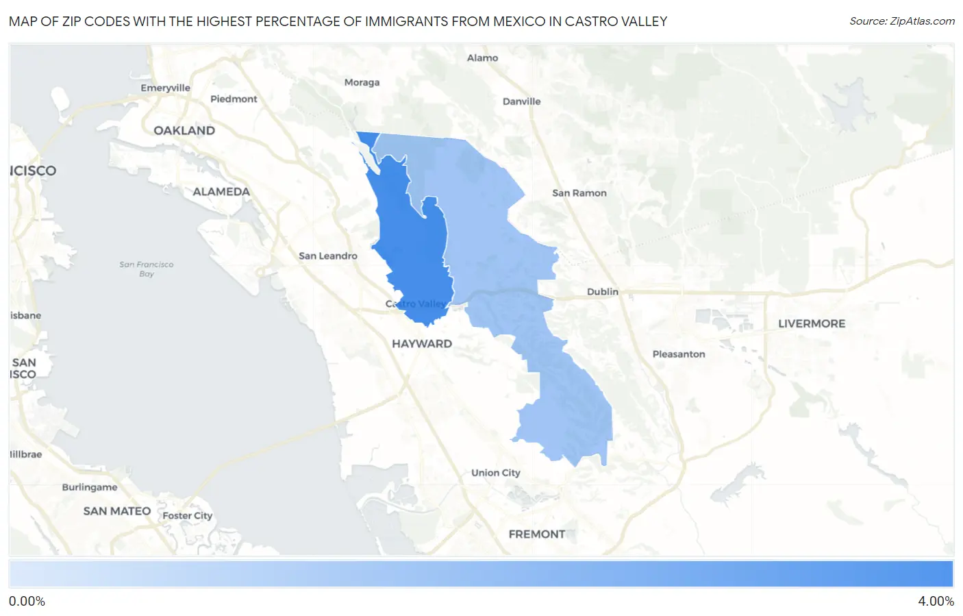 Zip Codes with the Highest Percentage of Immigrants from Mexico in Castro Valley Map