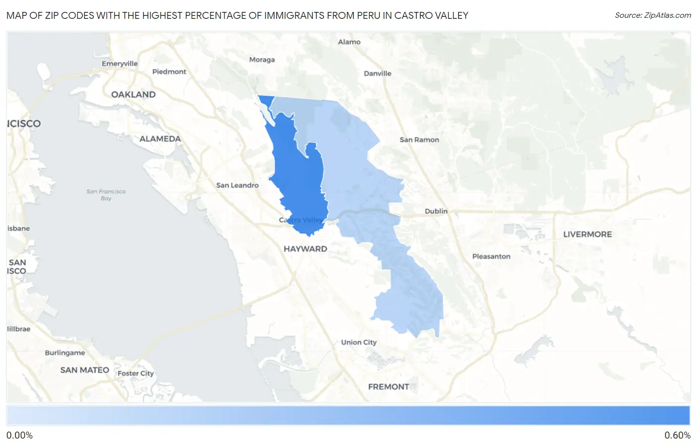Zip Codes with the Highest Percentage of Immigrants from Peru in Castro Valley Map