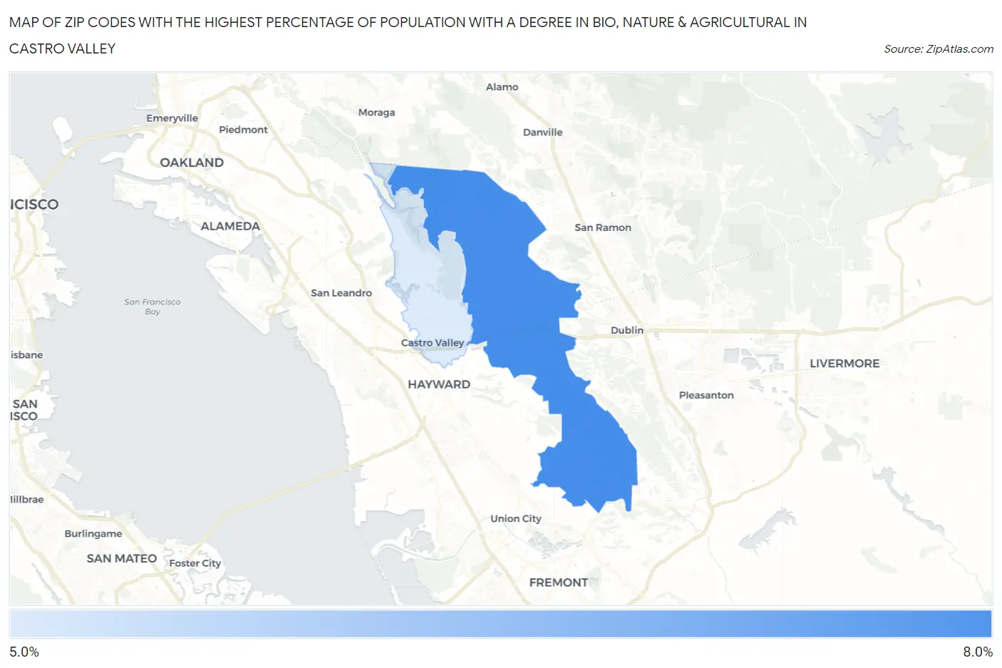 Zip Codes with the Highest Percentage of Population with a Degree in Bio, Nature & Agricultural in Castro Valley Map