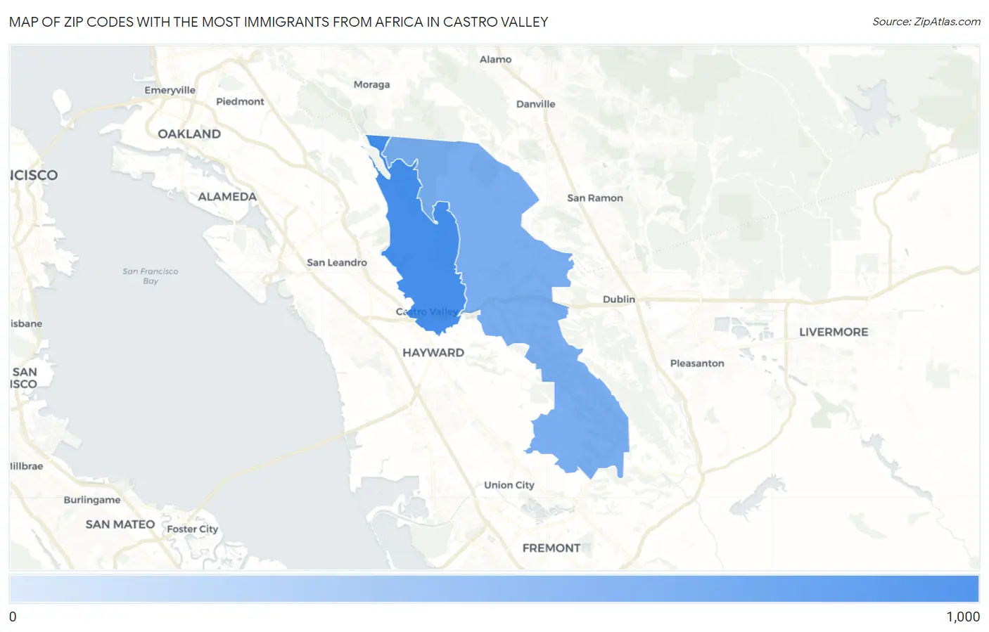 Zip Codes with the Most Immigrants from Africa in Castro Valley Map