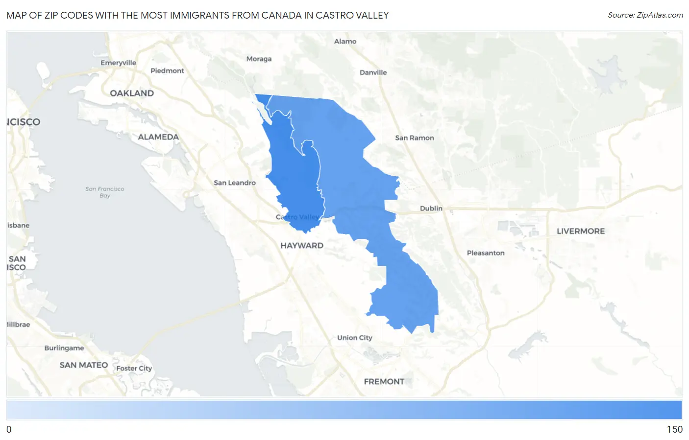Zip Codes with the Most Immigrants from Canada in Castro Valley Map