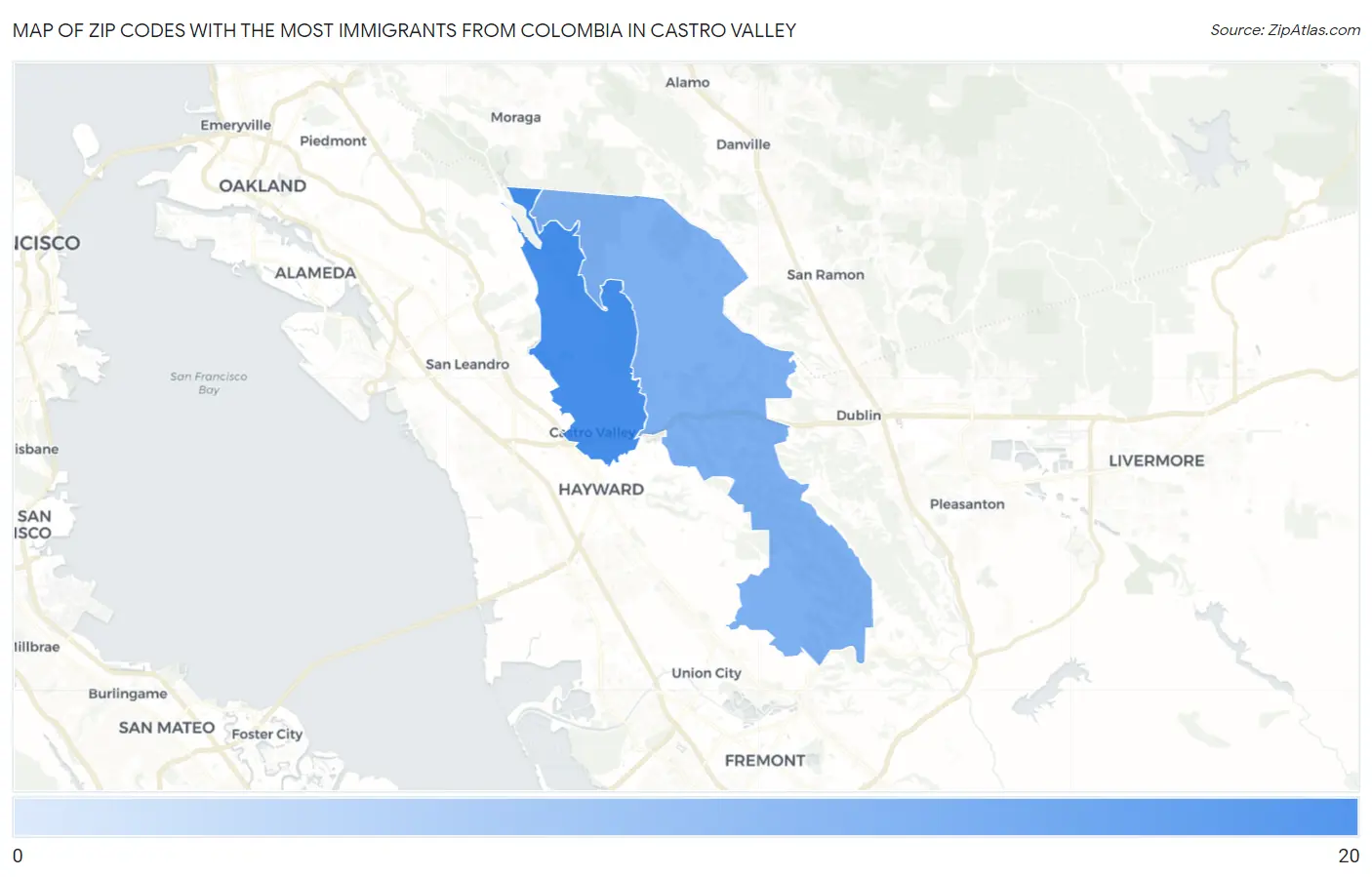 Zip Codes with the Most Immigrants from Colombia in Castro Valley Map