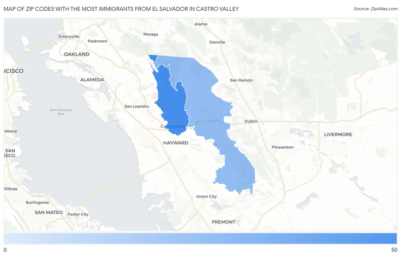 Zip Codes with the Most Immigrants from El Salvador in Castro Valley Map