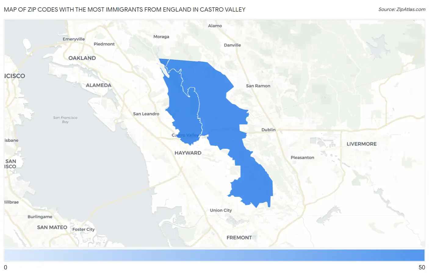 Zip Codes with the Most Immigrants from England in Castro Valley Map