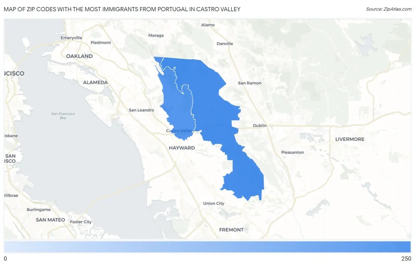 Zip Codes with the Most Immigrants from Portugal in Castro Valley Map