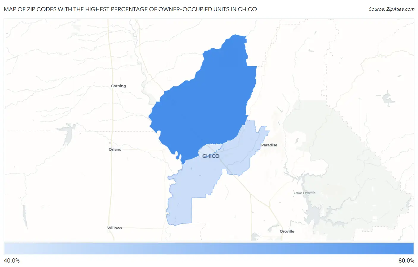 Zip Codes with the Highest Percentage of Owner-Occupied Units in Chico Map