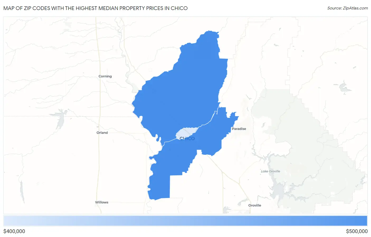 Zip Codes with the Highest Median Property Prices in Chico Map