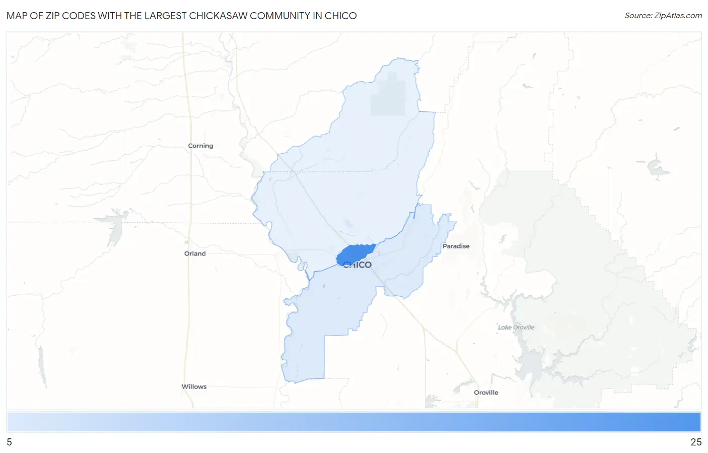 Zip Codes with the Largest Chickasaw Community in Chico Map