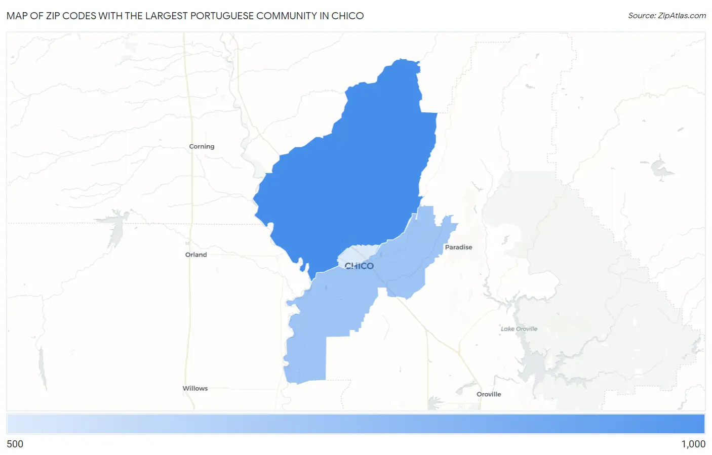 Zip Codes with the Largest Portuguese Community in Chico Map