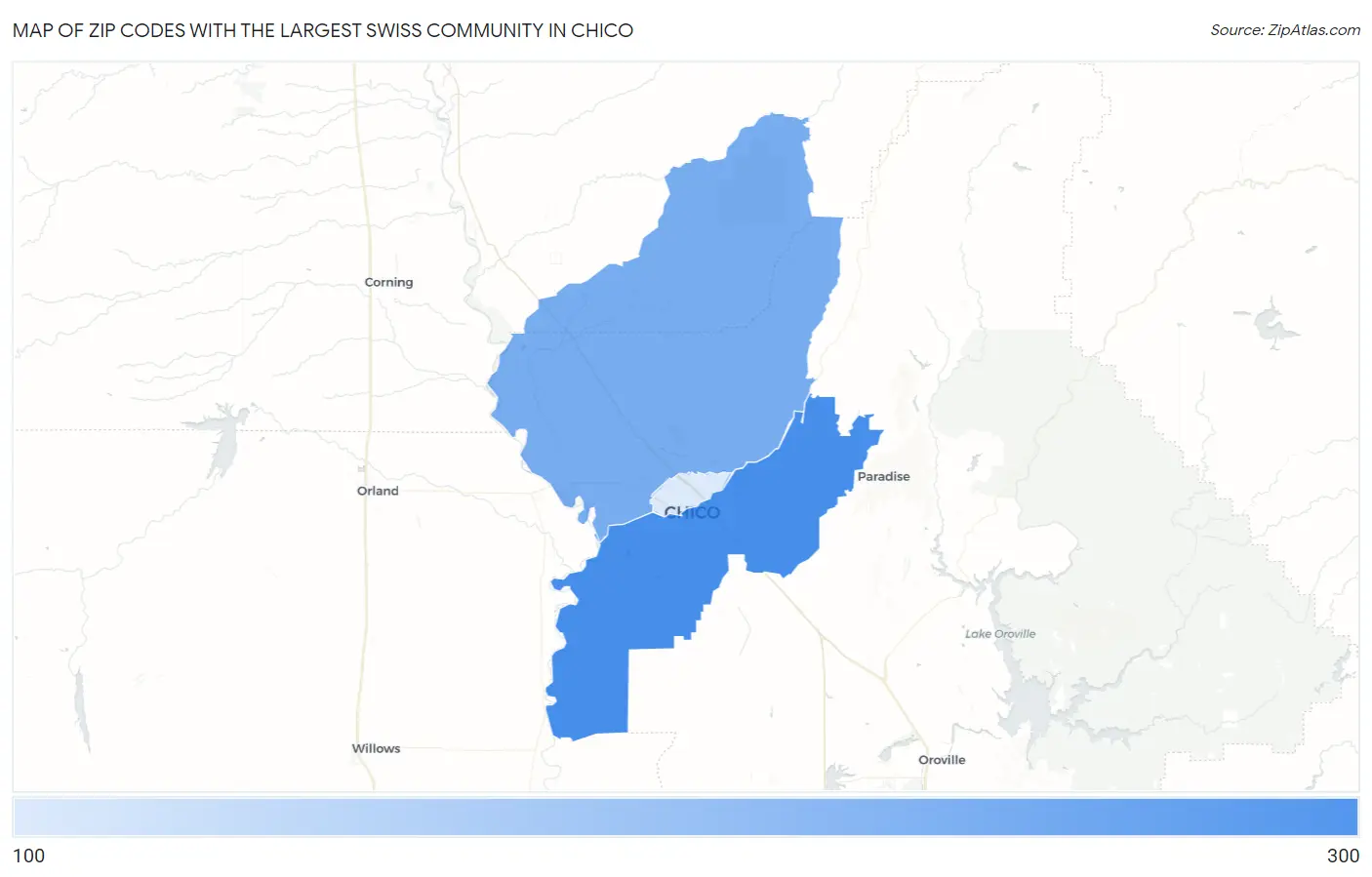 Zip Codes with the Largest Swiss Community in Chico Map