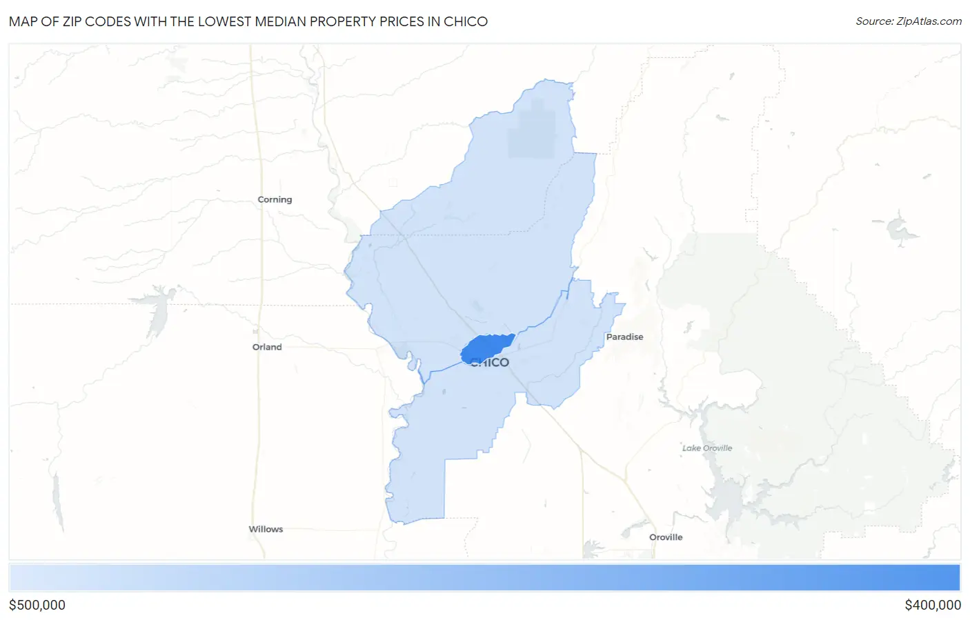 Zip Codes with the Lowest Median Property Prices in Chico Map