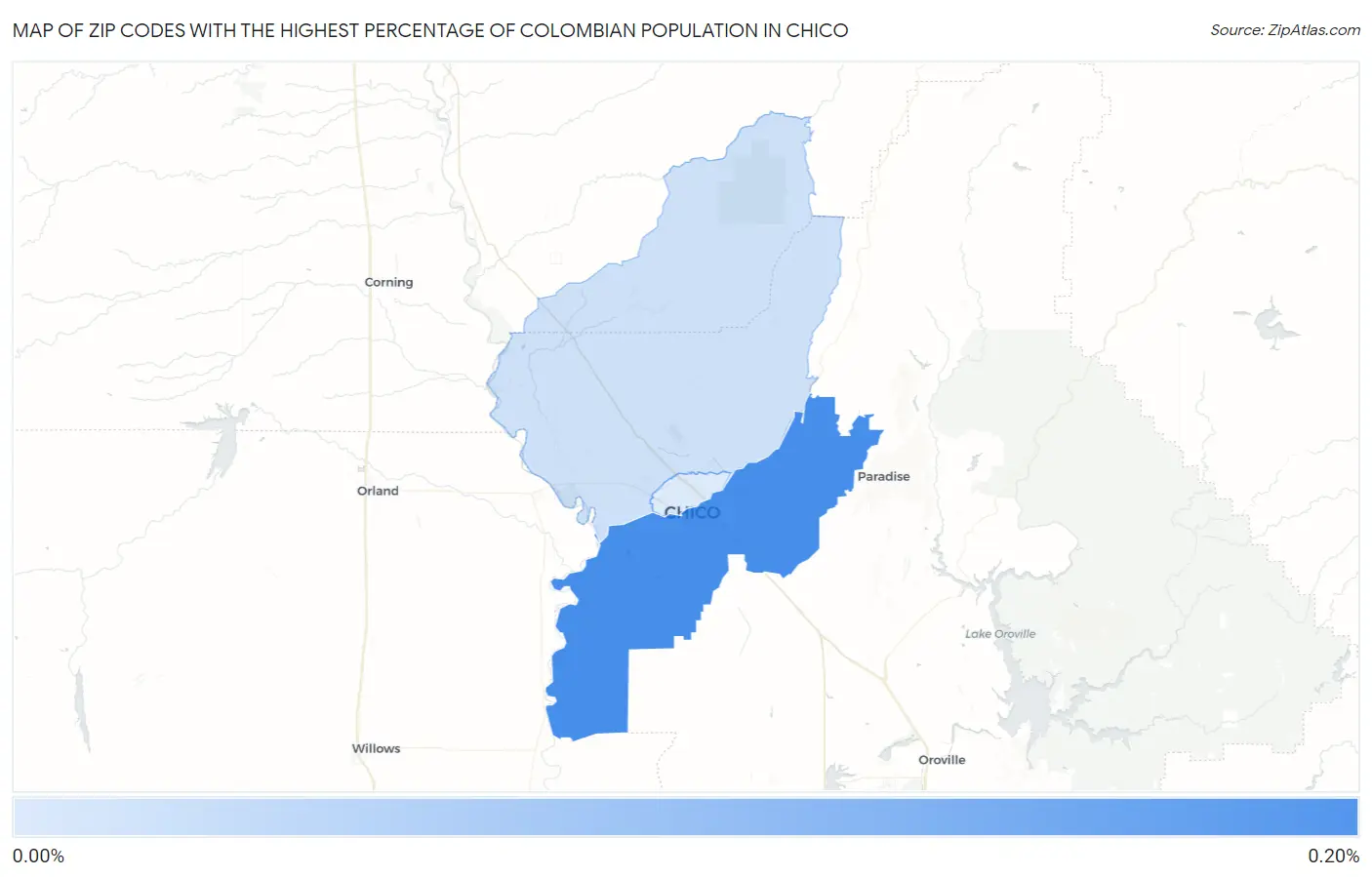 Zip Codes with the Highest Percentage of Colombian Population in Chico Map