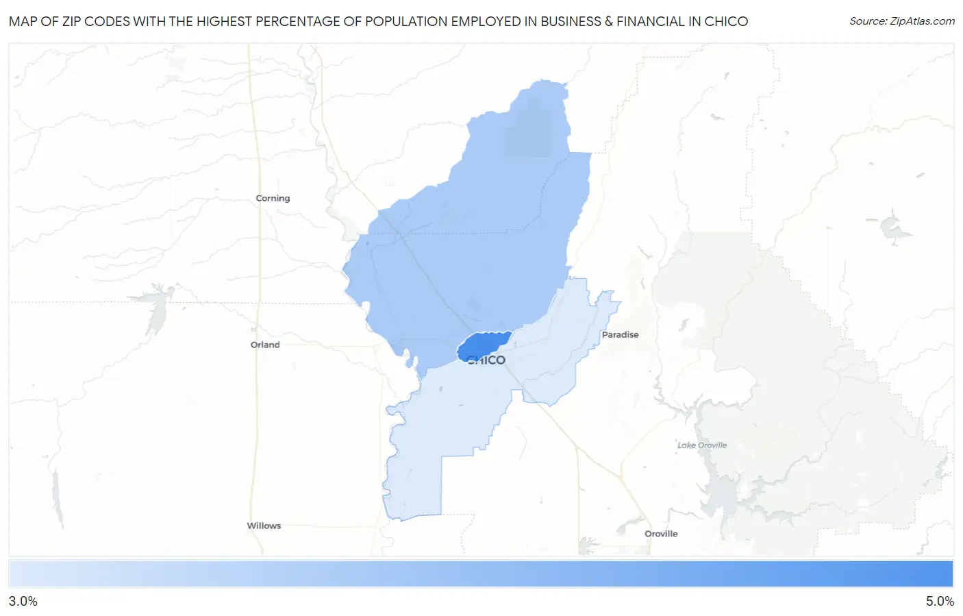 Zip Codes with the Highest Percentage of Population Employed in Business & Financial in Chico Map