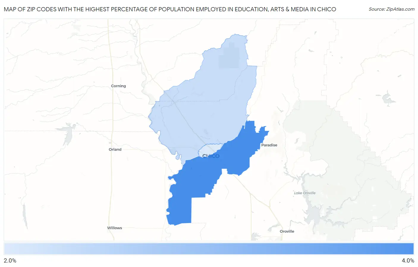 Zip Codes with the Highest Percentage of Population Employed in Education, Arts & Media in Chico Map