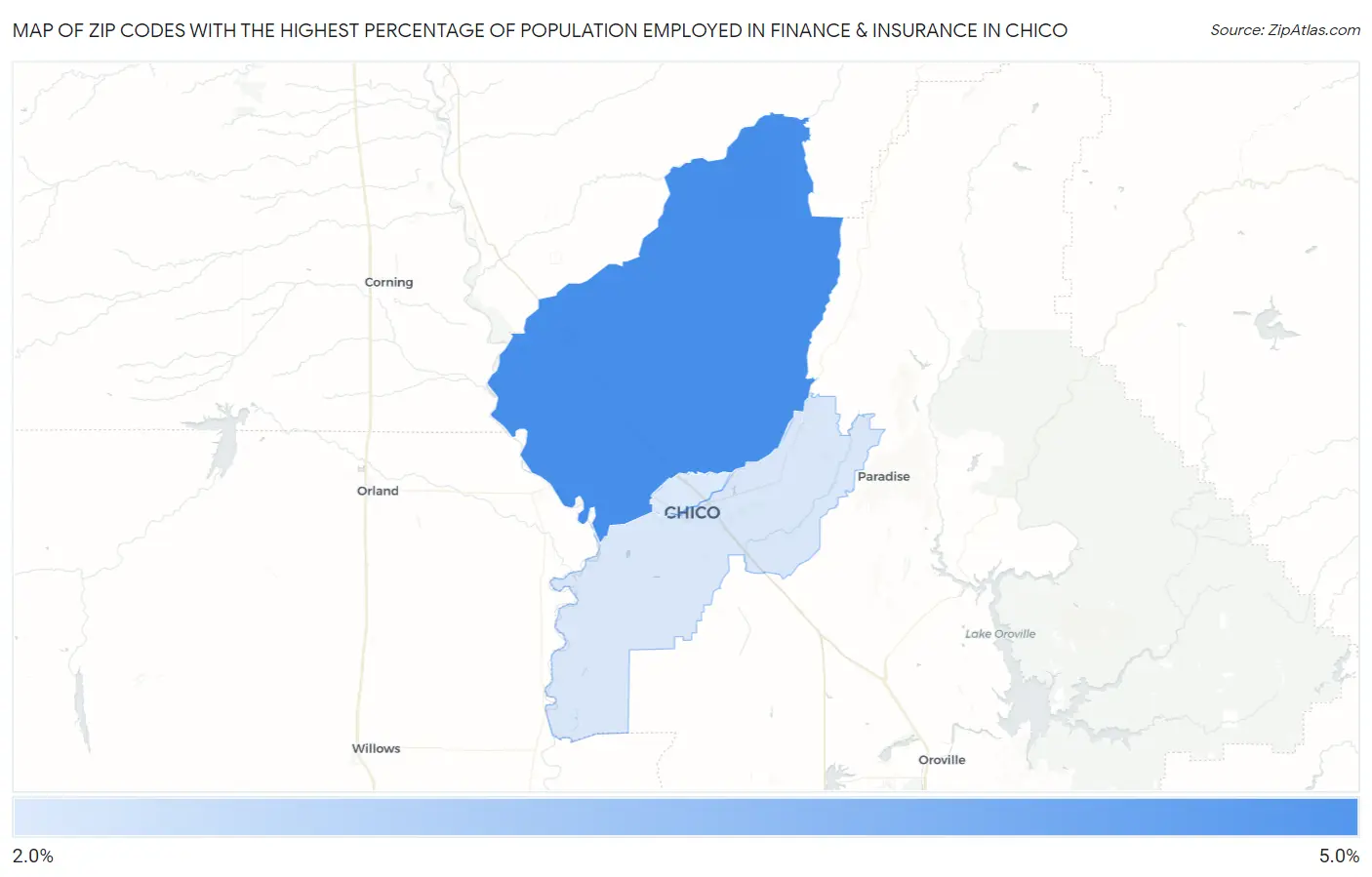 Zip Codes with the Highest Percentage of Population Employed in Finance & Insurance in Chico Map