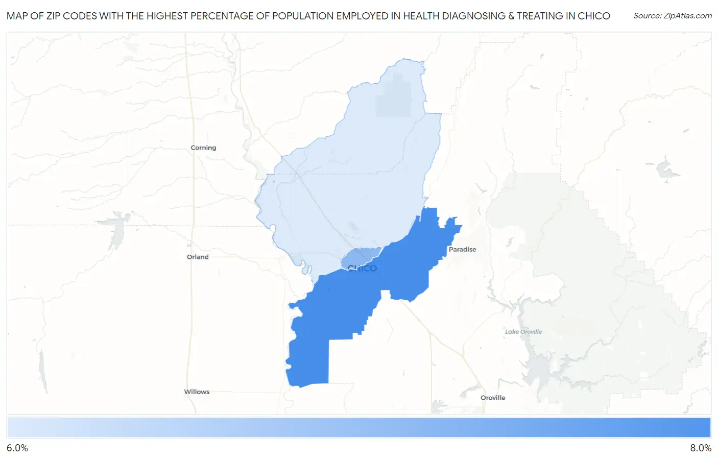 Zip Codes with the Highest Percentage of Population Employed in Health Diagnosing & Treating in Chico Map