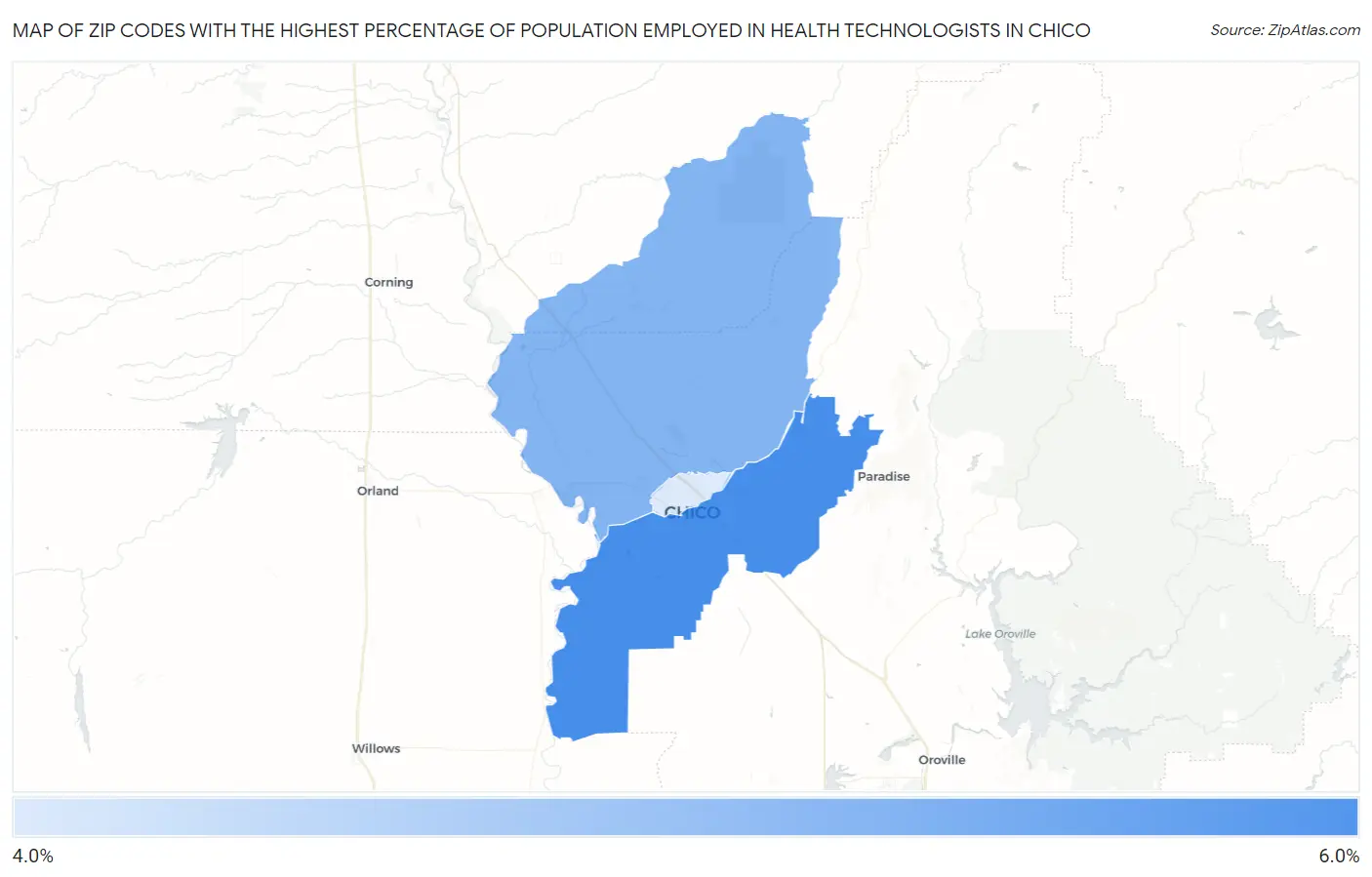Zip Codes with the Highest Percentage of Population Employed in Health Technologists in Chico Map
