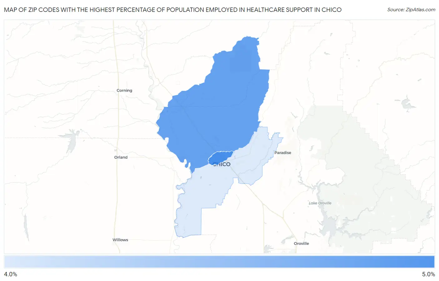 Zip Codes with the Highest Percentage of Population Employed in Healthcare Support in Chico Map