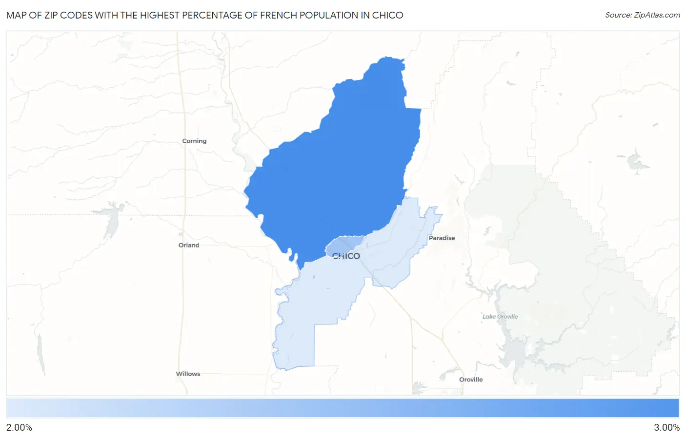 Zip Codes with the Highest Percentage of French Population in Chico Map