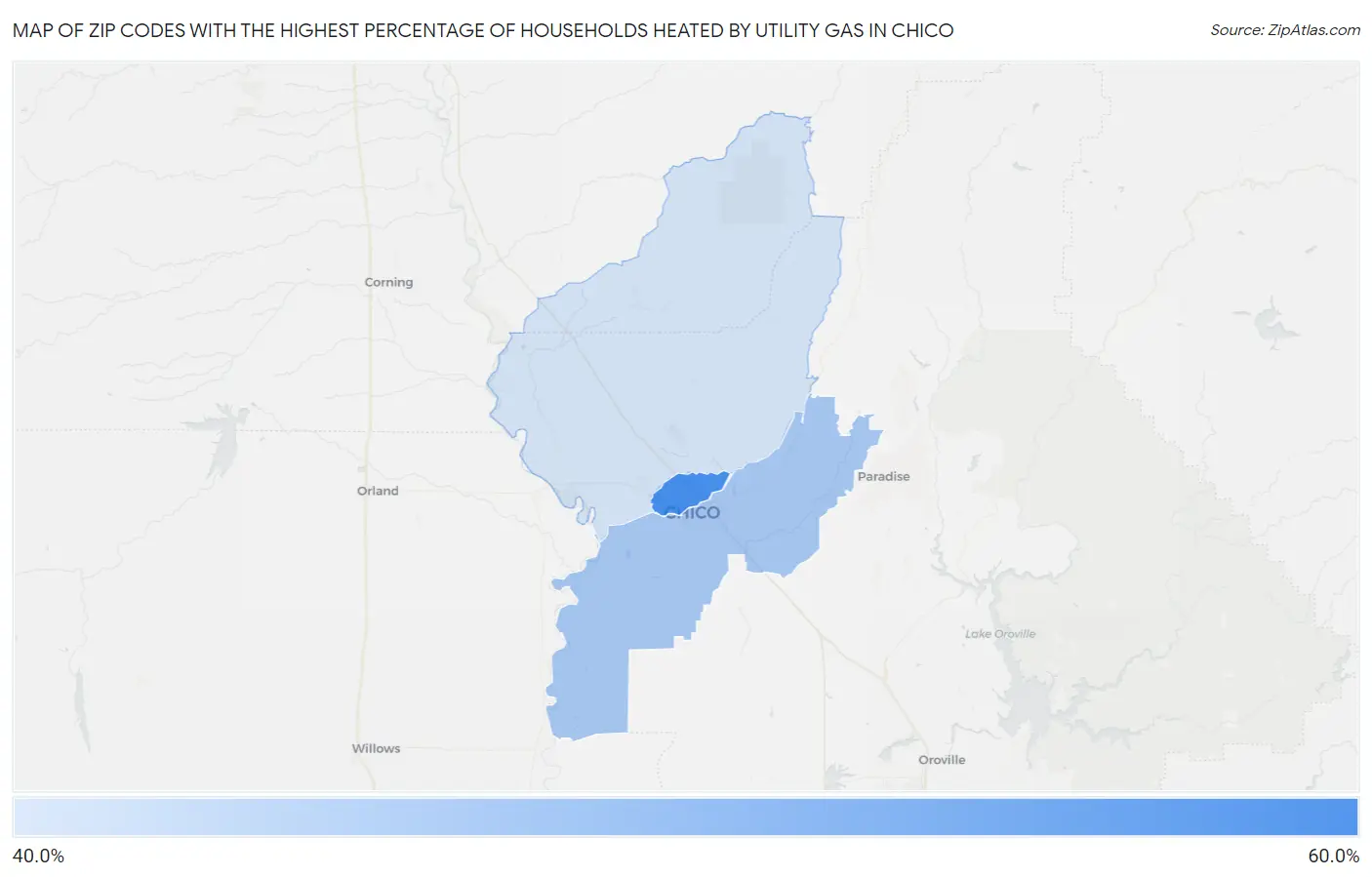 Zip Codes with the Highest Percentage of Households Heated by Utility Gas in Chico Map