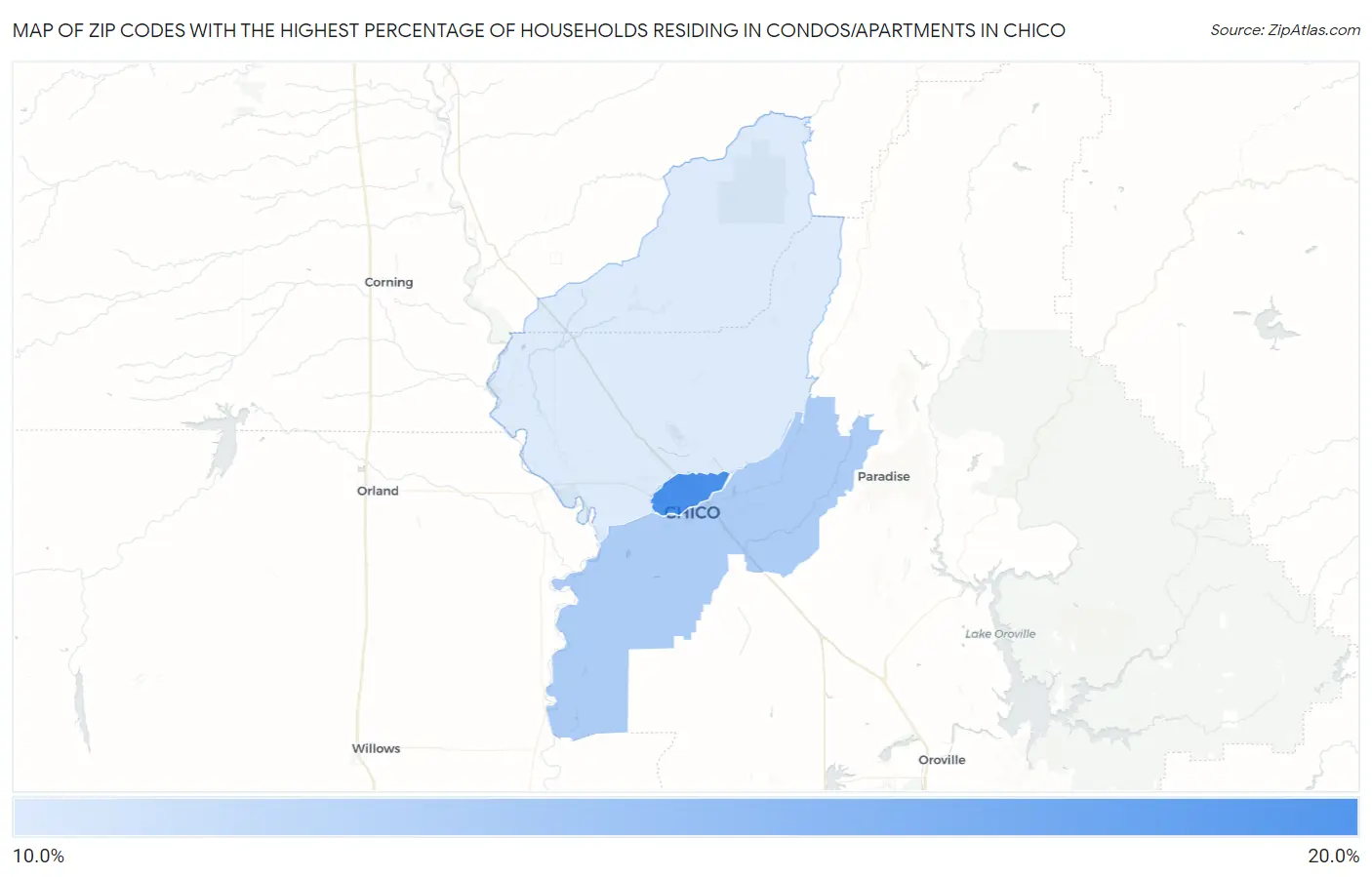 Zip Codes with the Highest Percentage of Households Residing in Condos/Apartments in Chico Map